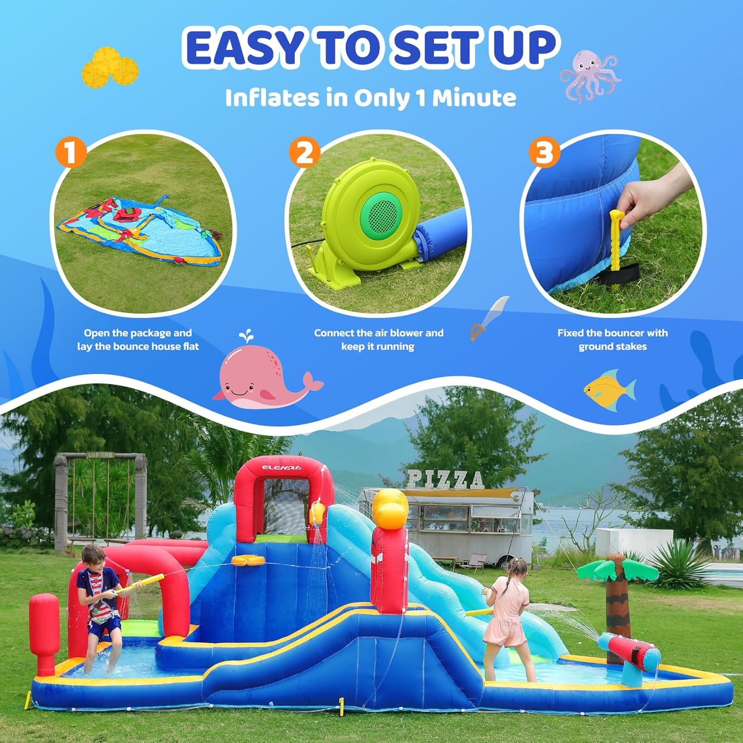 Inflatable Water Slide Bounce House, 10 in 1 Inflatable Water Park with Blower, 2 Slides & 2 Climbing Walls & 2 Water Guns, Deep Pool Giant Splash Pool, Water Slides for Kids Backyard for 6