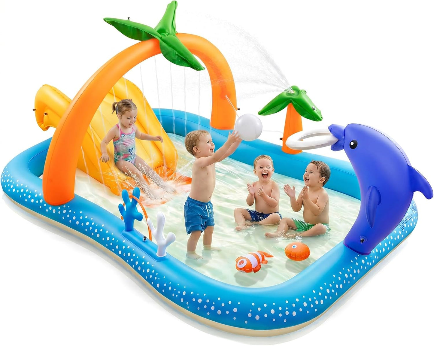 Kiddie Pool with Slide & Sprinkler, Inflatable Play Center, 95"X75"X40" Outdoor Blow-Up Splash Pad Pools for Toddlers Ages 2+, Water Game Play Center Backyard Kids Water Slide for Summer Fun