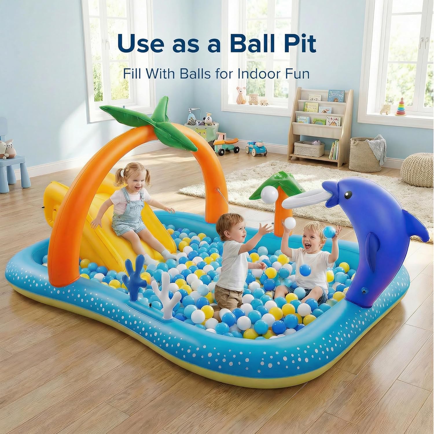 Kiddie Pool with Slide & Sprinkler, Inflatable Play Center, 95"X75"X40" Outdoor Blow-Up Splash Pad Pools for Toddlers Ages 2+, Water Game Play Center Backyard Kids Water Slide for Summer Fun