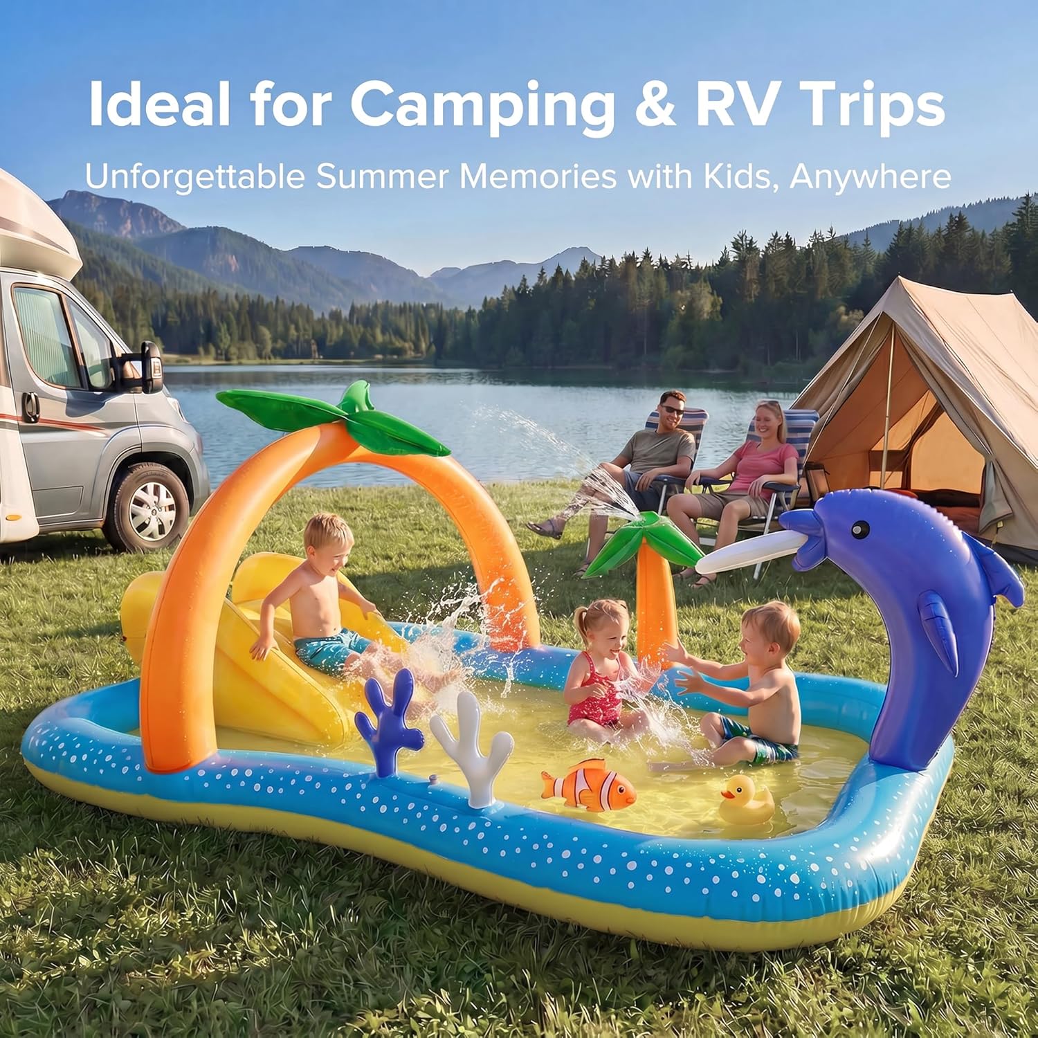 Kiddie Pool with Slide & Sprinkler, Inflatable Play Center, 95"X75"X40" Outdoor Blow-Up Splash Pad Pools for Toddlers Ages 2+, Water Game Play Center Backyard Kids Water Slide for Summer Fun
