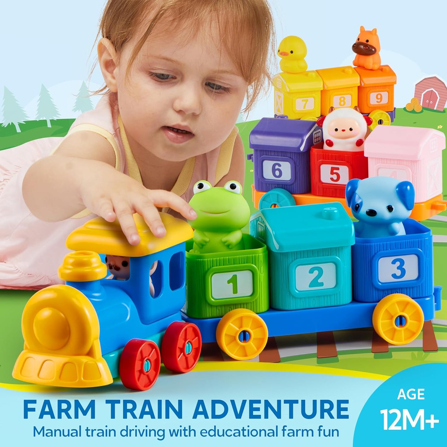 Learning Toy for Toddlers 1 2 3 Years Old, Counting, Matching & Sorting Montessori Learning Farm Train Including 9 Farm Animals, Birthday Gift for Baby Boys Girls