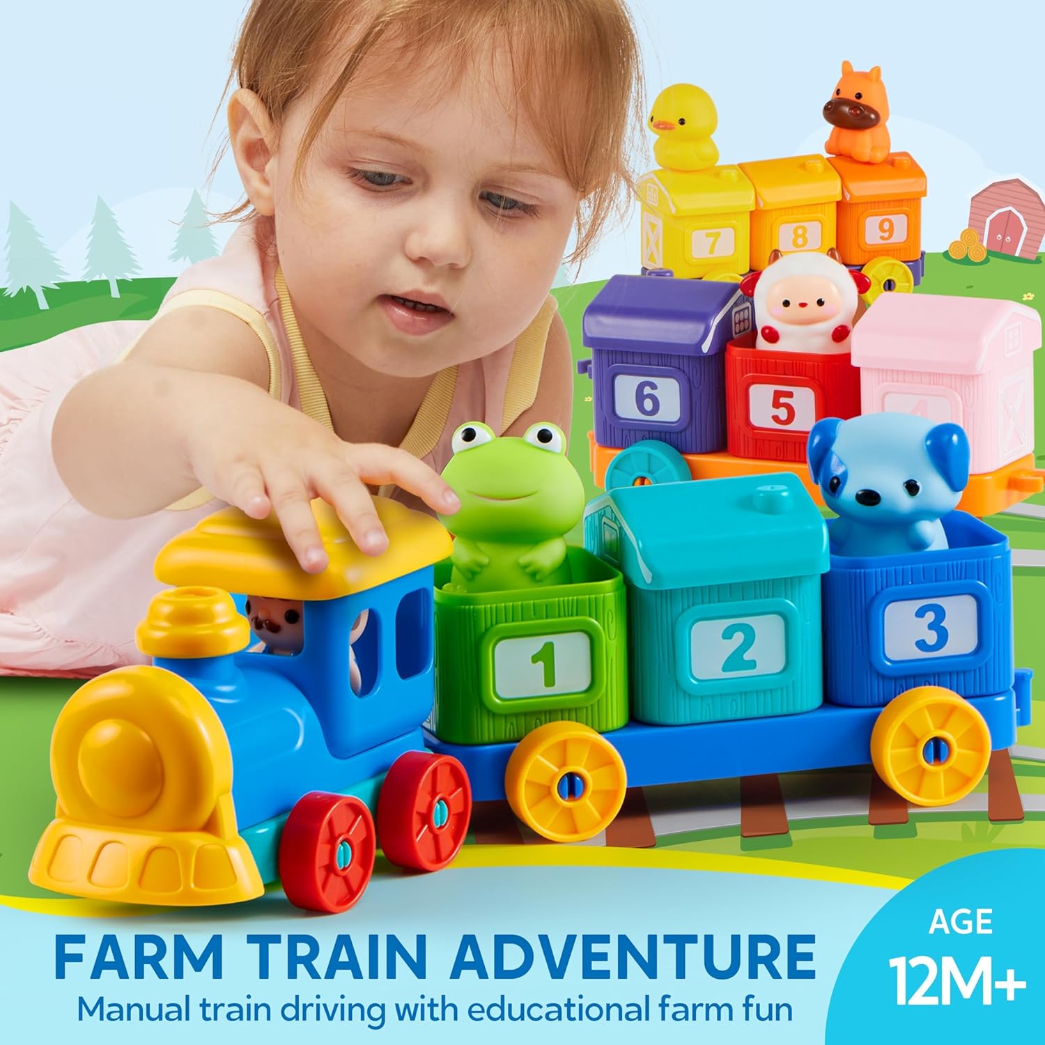 Learning Toy for Toddlers 1 2 3 Years Old, Counting, Matching & Sorting Montessori Learning Farm Train Including 9 Farm Animals, Birthday Gift for Baby Boys Girls