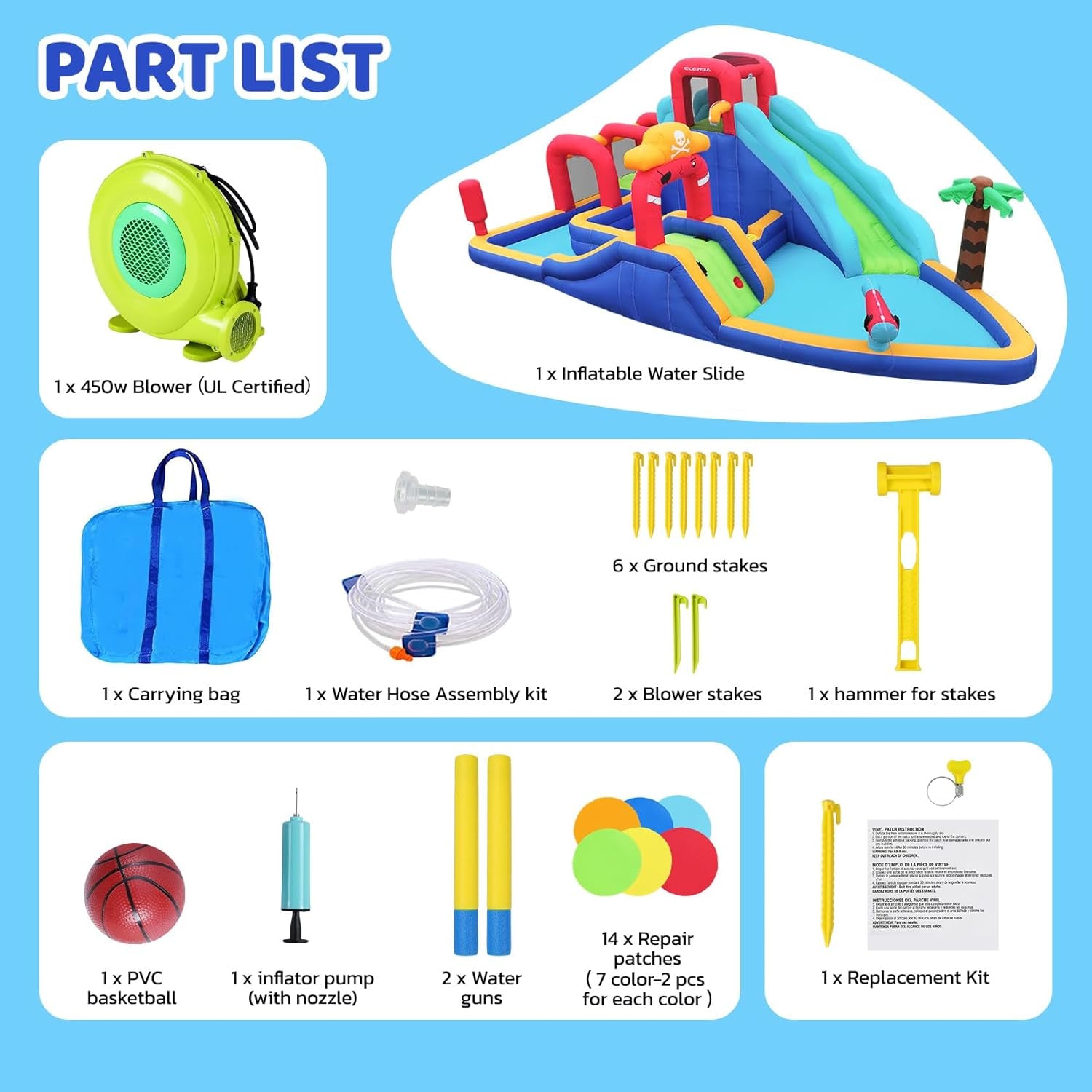 Inflatable Water Slide Bounce House, 10 in 1 Inflatable Water Park with Blower, 2 Slides & 2 Climbing Walls & 2 Water Guns, Deep Pool Giant Splash Pool, Water Slides for Kids Backyard for 6