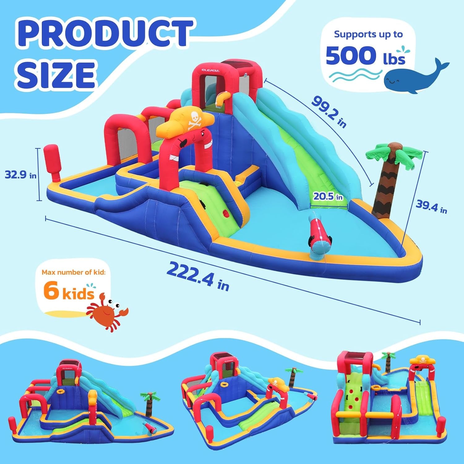 Inflatable Water Slide Bounce House, 10 in 1 Inflatable Water Park with Blower, 2 Slides & 2 Climbing Walls & 2 Water Guns, Deep Pool Giant Splash Pool, Water Slides for Kids Backyard for 6