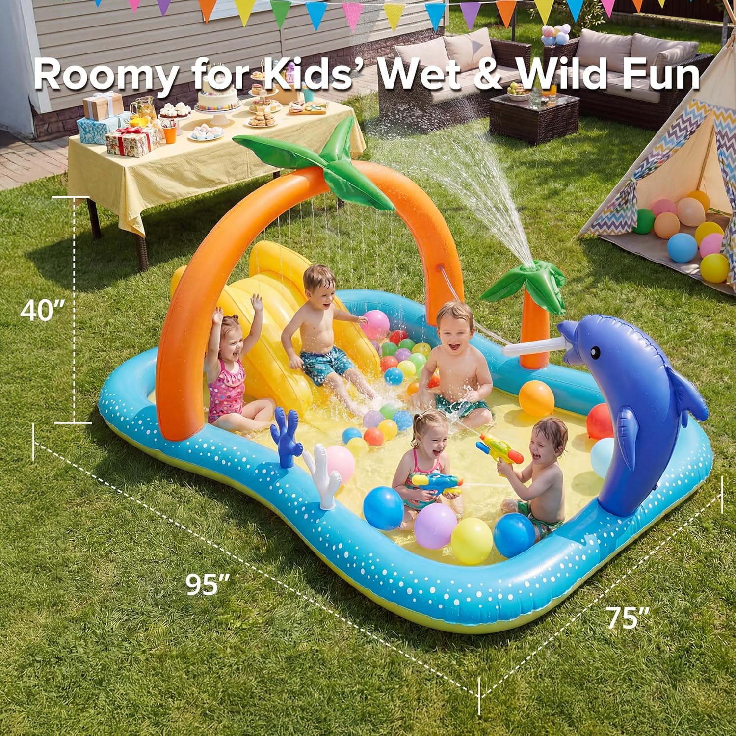 Kiddie Pool with Slide & Sprinkler, Inflatable Play Center, 95"X75"X40" Outdoor Blow-Up Splash Pad Pools for Toddlers Ages 2+, Water Game Play Center Backyard Kids Water Slide for Summer Fun