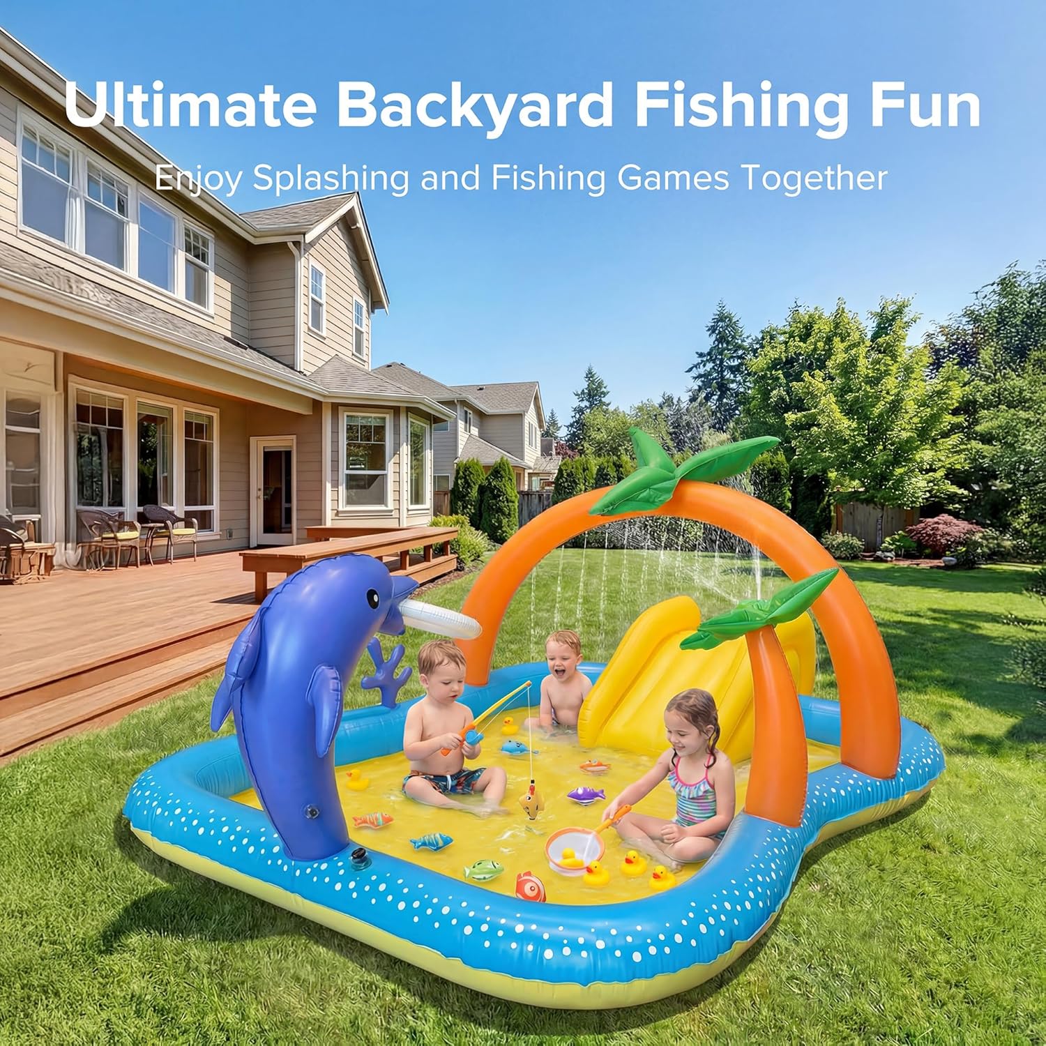 Kiddie Pool with Slide & Sprinkler, Inflatable Play Center, 95"X75"X40" Outdoor Blow-Up Splash Pad Pools for Toddlers Ages 2+, Water Game Play Center Backyard Kids Water Slide for Summer Fun