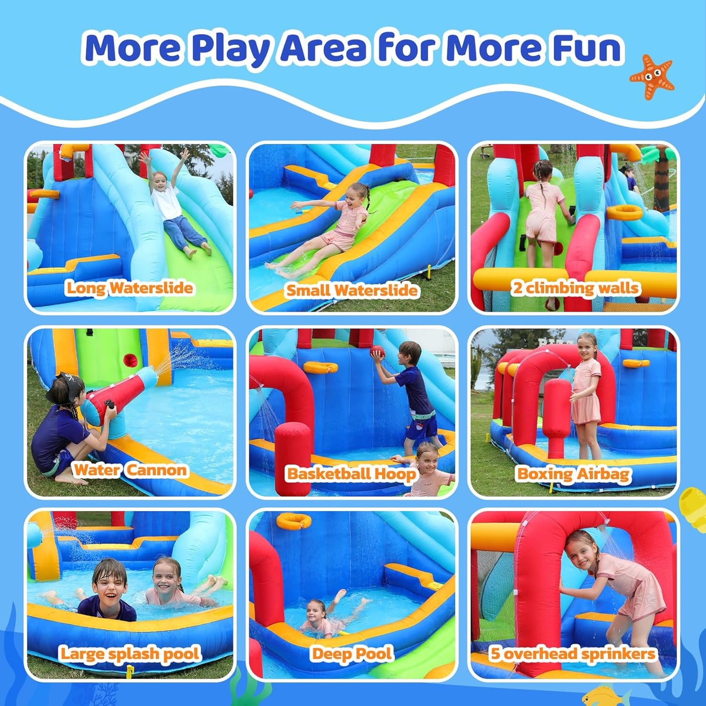 Inflatable Water Slide Bounce House, 10 in 1 Inflatable Water Park with Blower, 2 Slides & 2 Climbing Walls & 2 Water Guns, Deep Pool Giant Splash Pool, Water Slides for Kids Backyard for 6