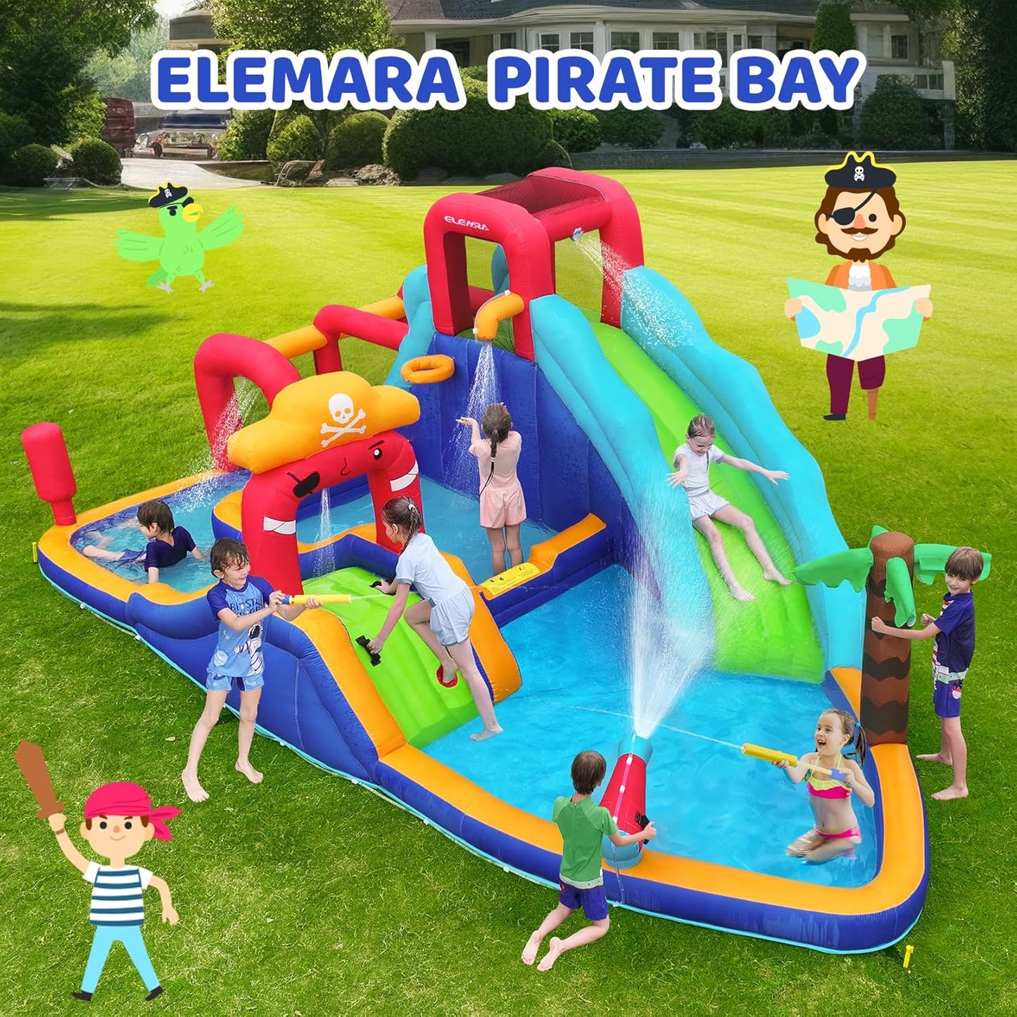 Inflatable Water Slide Bounce House, 10 in 1 Inflatable Water Park with Blower, 2 Slides & 2 Climbing Walls & 2 Water Guns, Deep Pool Giant Splash Pool, Water Slides for Kids Backyard for 6