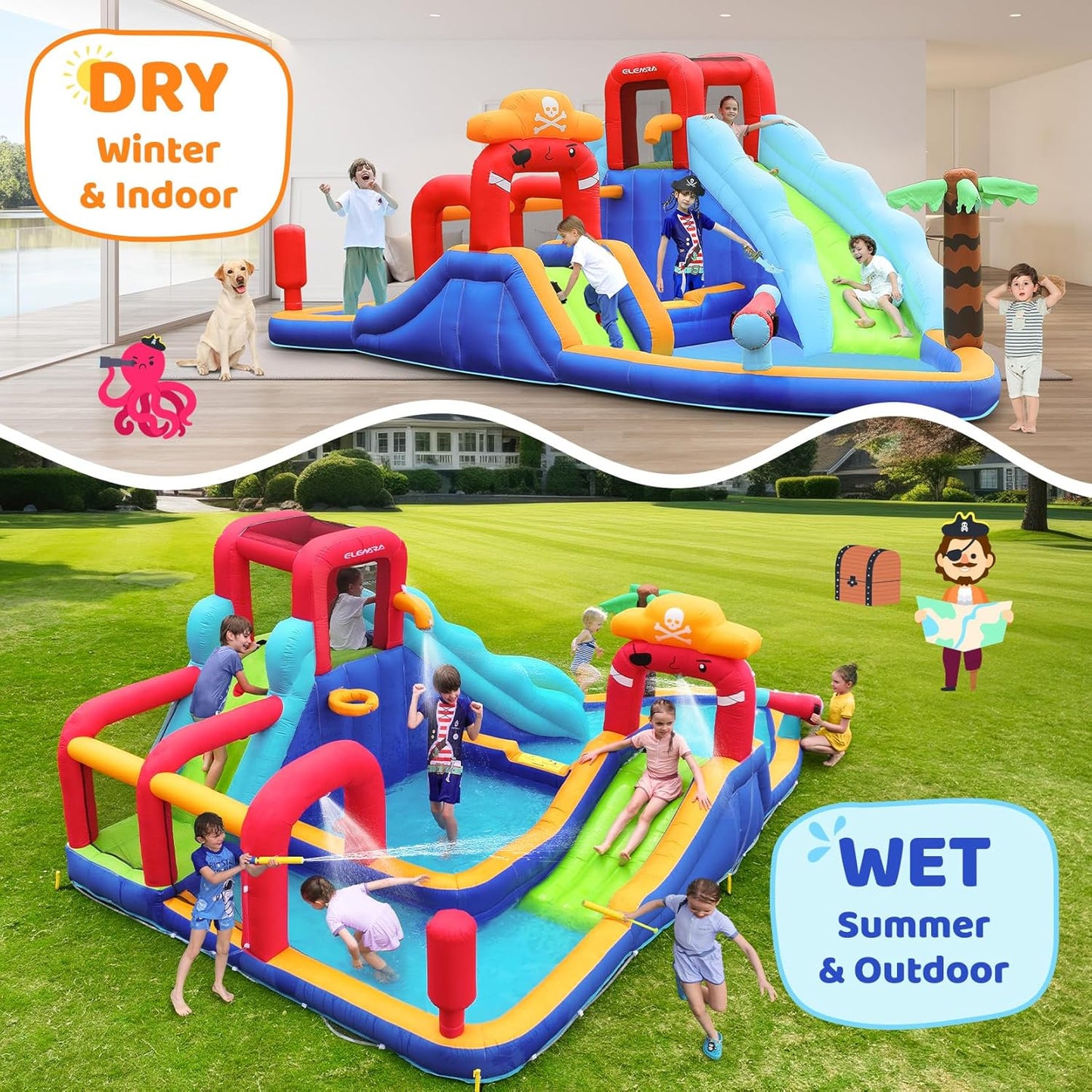 Inflatable Water Slide Bounce House, 10 in 1 Inflatable Water Park with Blower, 2 Slides & 2 Climbing Walls & 2 Water Guns, Deep Pool Giant Splash Pool, Water Slides for Kids Backyard for 6